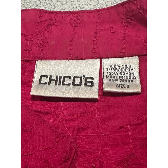 Chicos Sz 2 Medium 100% Silk Dark Pink Embroidered Jacket Mandarin Collar India - Picture 3 of 11